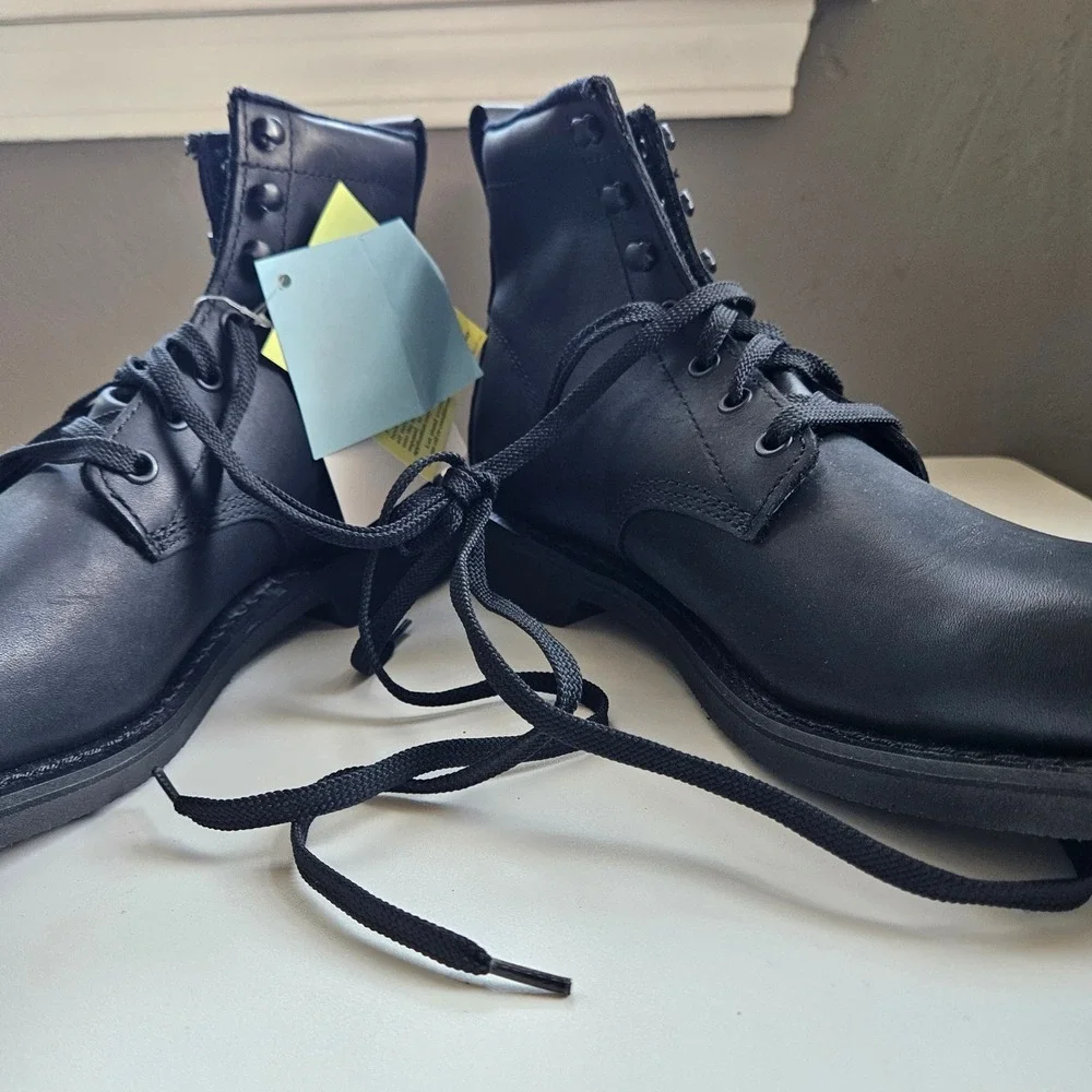 Black Leather Lace Up Combat Boots Mens 9D Tactical Work Ankle Oil Resistant